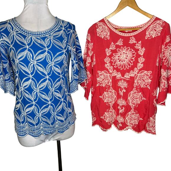 BUNDLE OF 2 Solitaire Top MEDIUM Embroidered Pink Blue Crewneck Scalloped Boho - Picture 9 of 11